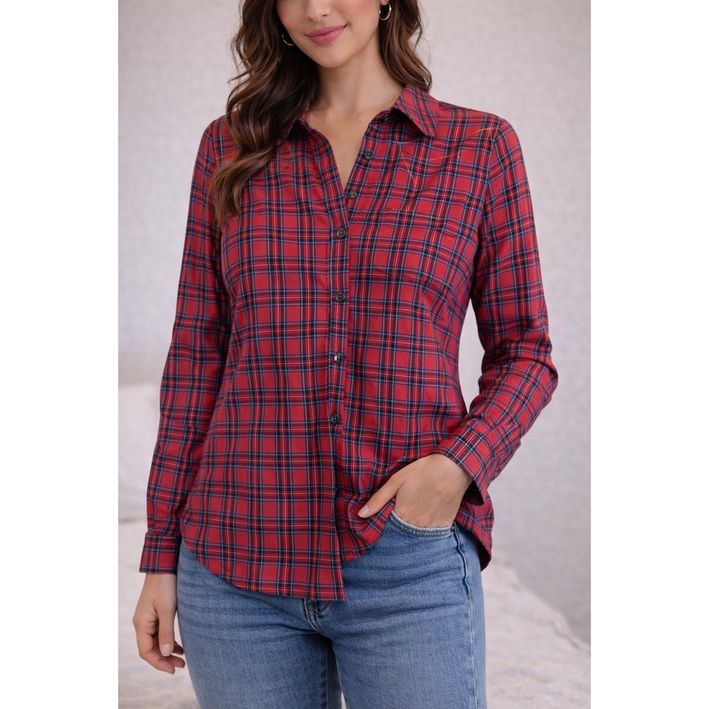 J.Crew Womens Red Tartan Plaid Cotton Popover Shirt Long Sleeve Size 0 08712